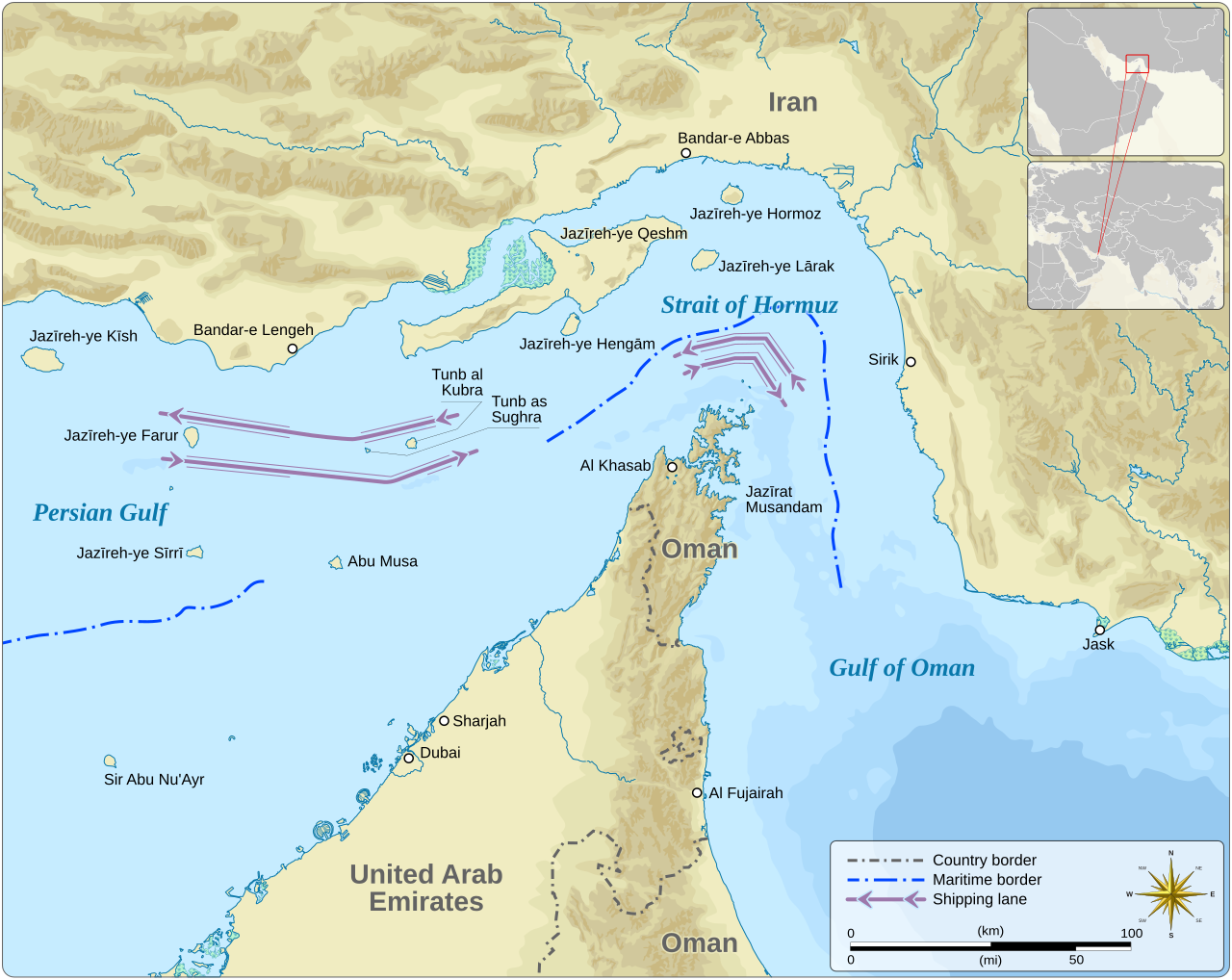 Map of the Strait of Hormuz showing key global oil shipping routes and surrounding countries in the Persian Gulf