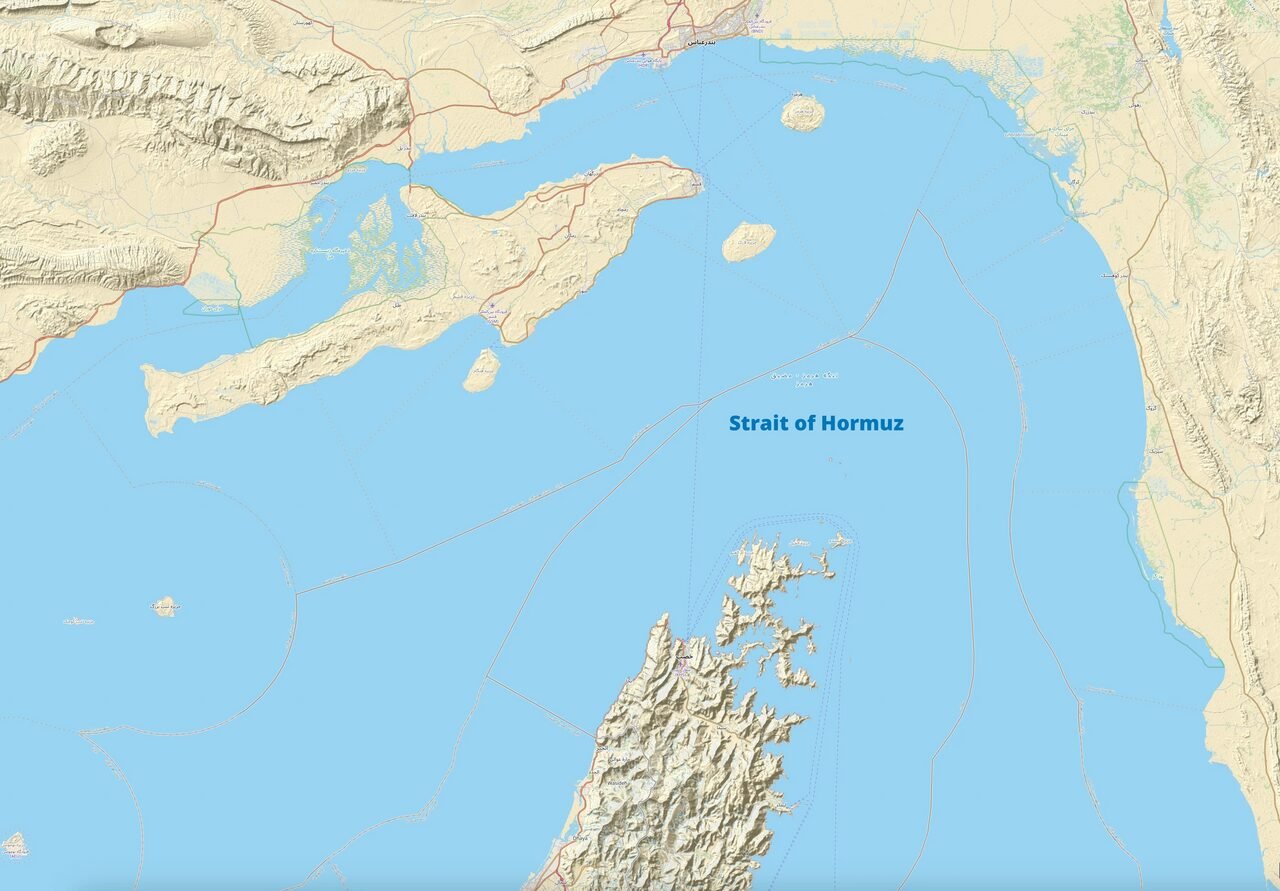 Map of Strait of Hormuz showing strategic shipping route during Iran war ceasefire