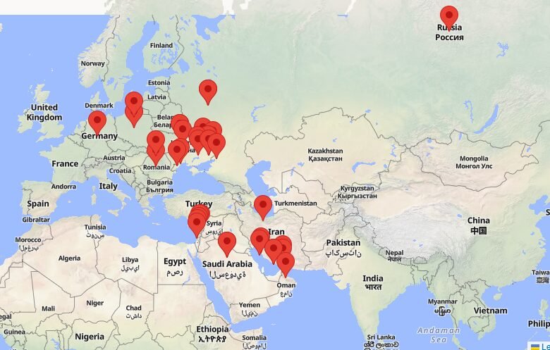 Russia Ukraine war map showing conflict locations and drone strike zones in Eastern Europe