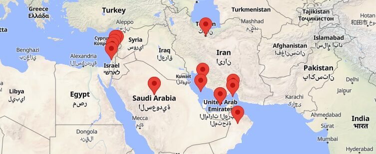 Middle East Conflict map showing Iran, Israel, Lebanon and Gulf region during ongoing regional war